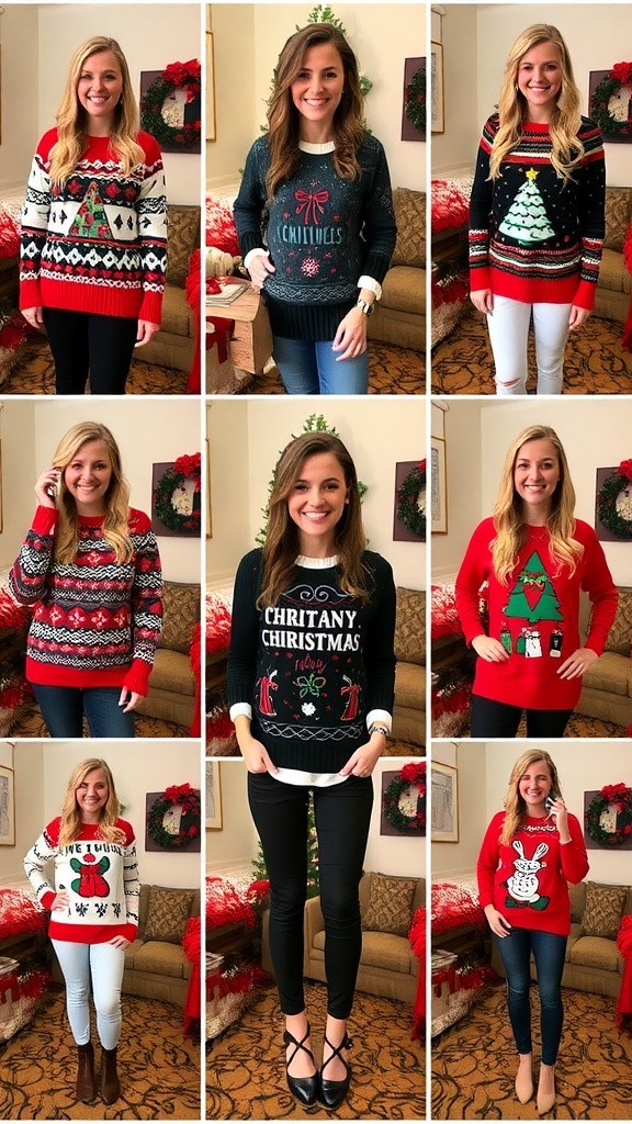 A collection of ugly Christmas sweaters styled with festive outfits in a decorated living room.